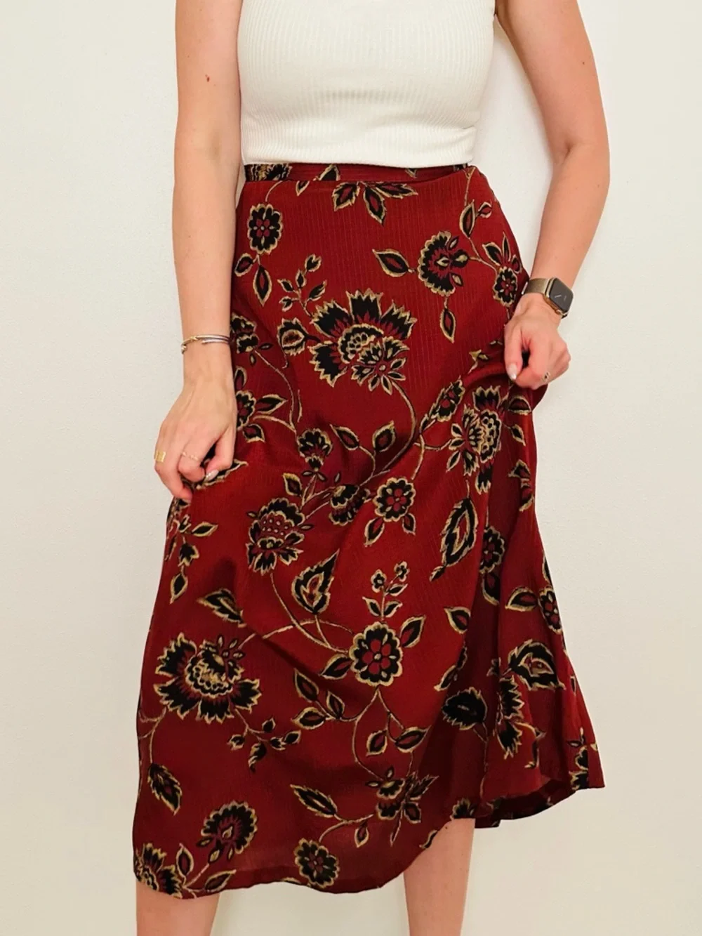 Vintage Jones New York 100% Silk Floral Maxi Skirt Red Black Boho Size 14 - Picture 5 of 10